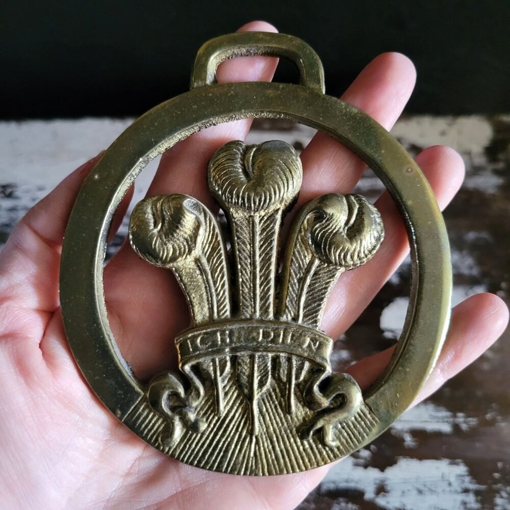 Large Prince Of Wales Feathers Fleur De Lis Horse Brass Ich Dein